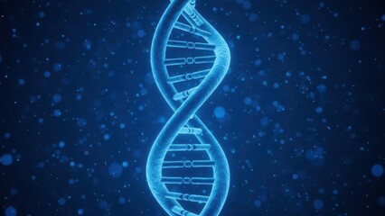 Glowing blue double helix dna molecule structure with particles floating in dark background