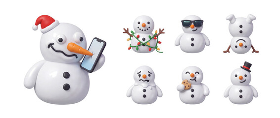 Little snowman cartoon emoji clipart set with cute funny faces transparent background for Christmas winter and festival