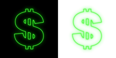 Green neon dollar sign glowing on black and transparent backgrounds, bright financial symbol for money, currency, banking, and finance themes