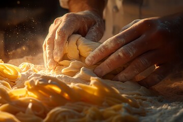 Close-up of a chef's hands kneading and shaping pasta dough, with flour dust in the air and warm lighting highlighting artisanal craftsmanship.