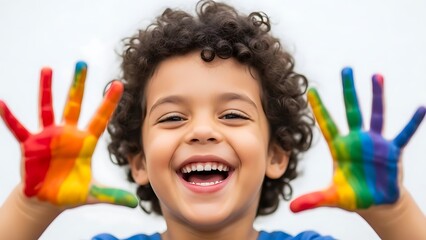 Joyful young child with rainbow painted hands and curly hair smiling brightly