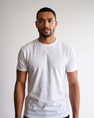 Obraz premium Portrait of a handsome man with short dark hair and a beard wearing a plain white tshirt, isolated on white background