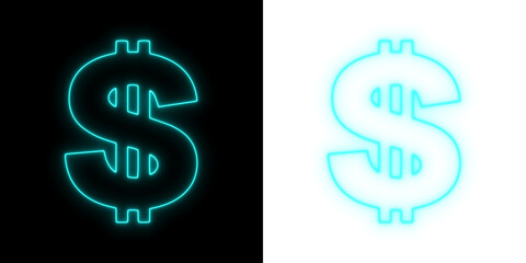 Obraz premium Cyan neon dollar sign glowing on black and transparent backgrounds, bright financial symbol for money, currency, banking, and finance themes