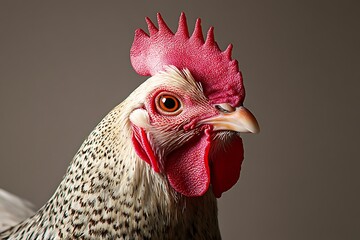 Close-up of a chicken exhibiting its vibrant red comb and wattle against a neutral backdrop in soft lighting.