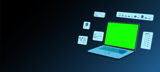 Digital workspace with laptop displaying green screen and data charts for analysis and visualization at a modern office setting