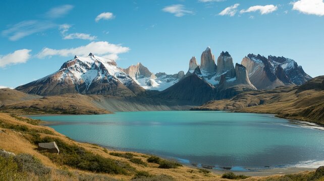 Stunning view of the iconic torres del paine granite peaks reflecting in the turquoise glacial lake under a bright blue sky in patagonia, chile