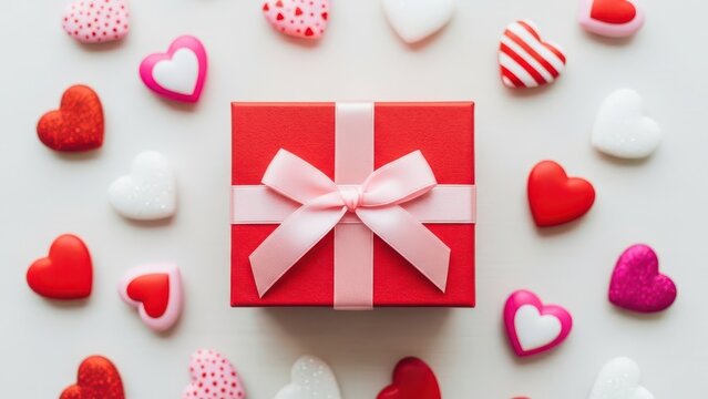 A red gift box with a pink ribbon surrounded by heartshaped candies isolated on white background, perfect for valentines day or a special occasion