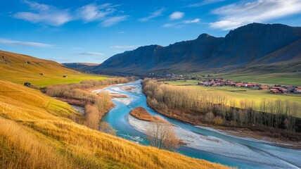 Scenic view of a winding blue river flowing through a vast valley with rolling golden hills and dark mountains under a bright blue sky