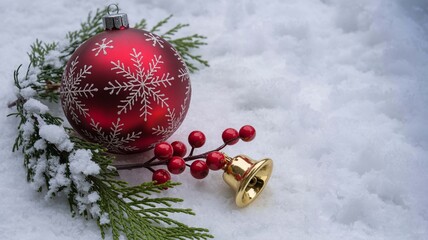 Closeup of a shiny red christmas ornament with snowflake design resting on fresh snow next to a sprig of evergreen and small red berry cluster with a tiny golden bell