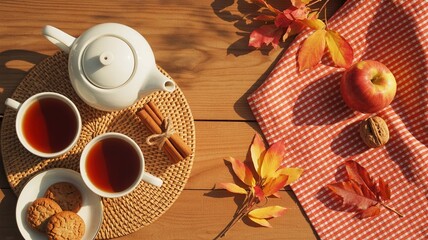 Cozy autumn afternoon tea setting with hot beverage in white cups, cinnamon sticks, cookies, a red apple, and fall leaves on a wooden table