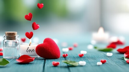 Romantic gesture love hearts and candles on a table home decor intimate setting close-up view emotional connection