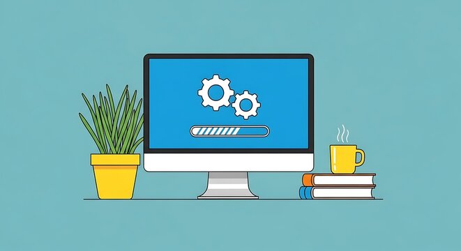 Flat design illustration of a desktop computer showing a system update loading screen with gears, representing maintenance