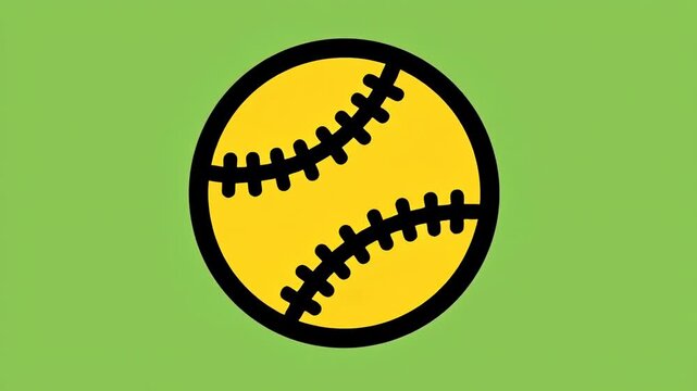 Stylized illustration of a yellow softball with black stitching on a green background