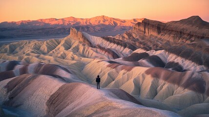 Solitary hiker standing atop colorful badlands formation at zabriskie point in death valley national park during a vibrant sunrise or sunset