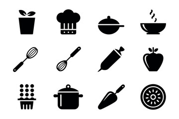 Black and white kitchen icons featuring cooking tools and food items in a grid layout
