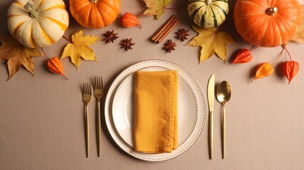 Overhead view of a festive autumn table setting with pumpkins, fall leaves, spices, and elegant gold cutlery ready for a holiday meal