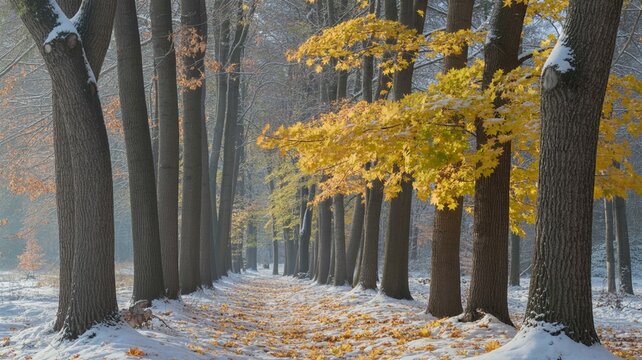 A beautiful alley of tall, dark tree trunks lining a path covered with fallen yellow leaves and a light dusting of early snow in a park during late autumn or early winter - Powered by Adobe