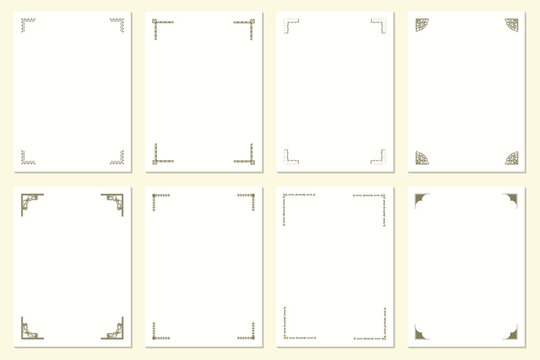 Elegant minimal border frame set with clean corner accents. Modern blank page templates ideal for certificates, invitations, and decorative stationery. High-resolution outline collection for professio