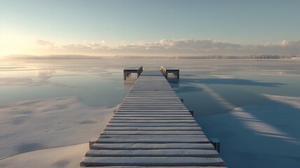 Obraz premium Winter landscape featuring a wooden bridge over a frozen lake used as a natural ice rink. Soft sunlight and minimal composition create a calm seasonal atmosphere.