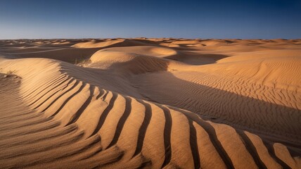 Golden sand dunes sculpted by wind create dramatic shadows under a clear blue sky in a vast desert landscape at sunset or sunrise