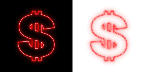 Red neon dollar sign glowing on black and transparent backgrounds, bright financial symbol for money, currency, banking, and finance themes