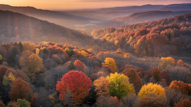 Stunning aerial view of rolling appalachian mountains covered in vibrant autumn foliage during a misty sunrise with sun rays breaking through the fog - Powered by Adobe