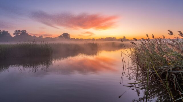 Serene sunrise over a calm river or lake with mist rising from the water and colorful clouds reflected in the foreground reeds - Powered by Adobe