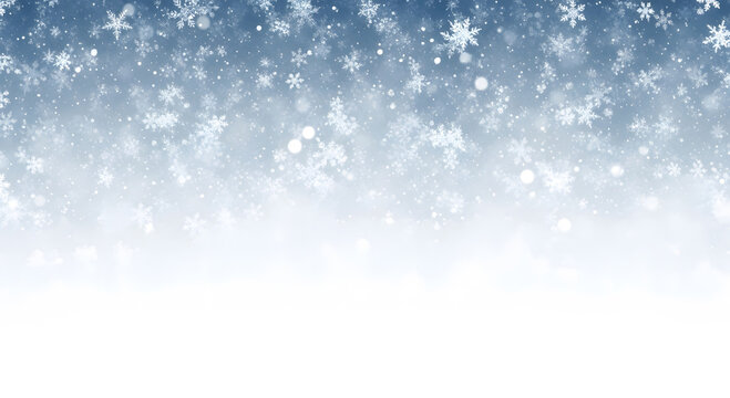 Beautiful light blue and white winter background with heavy snowfall and sparkling bokeh forming a seasonal border