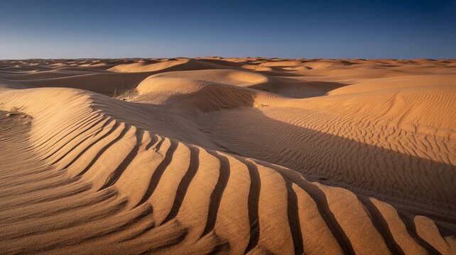 Golden sand dunes sculpted by wind create dramatic shadows under a clear blue sky in a vast desert landscape at sunset or sunrise - Powered by Adobe