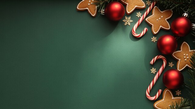 Christmas border decoration with gingerbread cookies, red baubles, candy canes, and pine branch on dark green background with copy space for text - Powered by Adobe