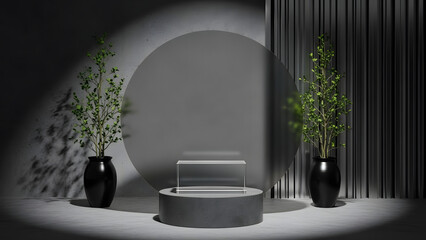 Modern studio product display stage with concrete pedestal and clear acrylic stand for showcasing items