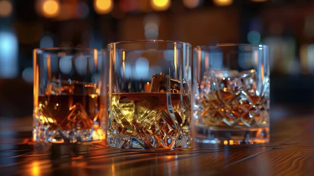 Video Three whiskey glasses on a wooden table, perfect for a cozy night in or a rustic event