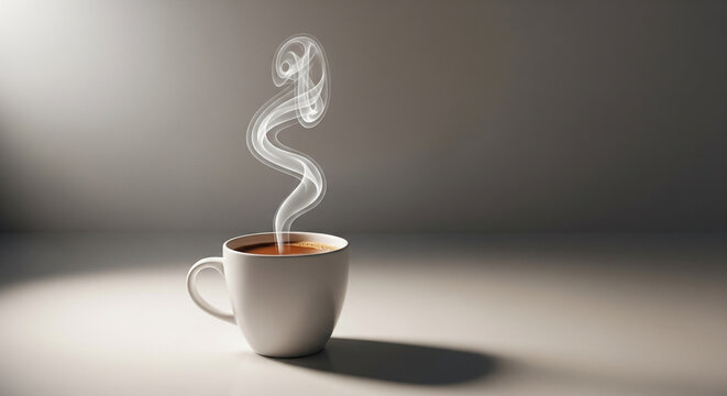 Steaming hot coffee in a minimalist white ceramic mug on a gray background with dramatic spot lighting and copy space.