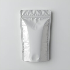 Minimal white sealed foil pouch mockup isolated on bright white background.