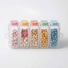 Transparent weekly pill organizer with pastel hinged lids.