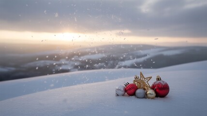 Christmas ornaments with gold star resting on a snowy mountain slope during a gentle snowfall at sunset or sunrise with soft light
