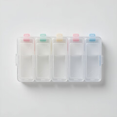 Transparent weekly pill organizer with pastel hinged lids.