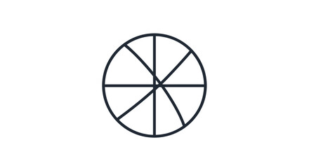 Fototapeta premium Simple black line art icon of a circle divided into eight abstract segments, representing a wheel, pizza, or a pie chart on a white background.