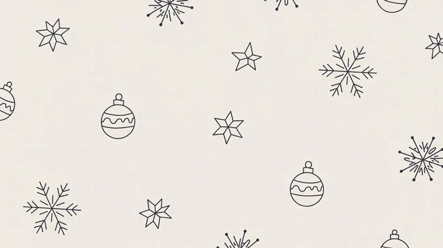 Seamless pattern of hand drawn christmas ornaments and snowflakes in black outline on a light beige background, perfect for holiday wrapping paper or textile design - Powered by Adobe