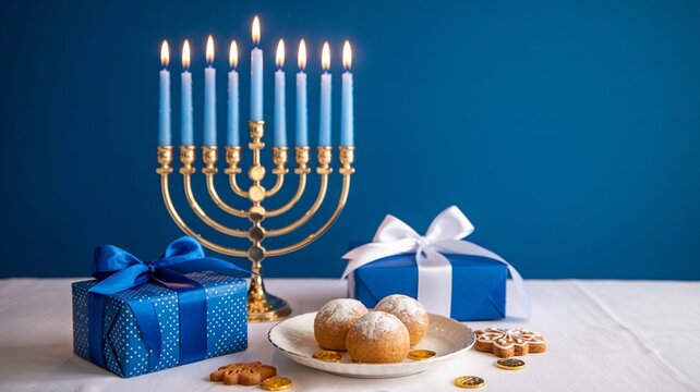 A beautiful menorah with lit blue candles stands next to blue gift boxes and sufganiyot on a table for hanukkah celebration against a blue background