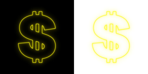 Yellow neon dollar sign glowing on black and transparent backgrounds, bright financial symbol for money, currency, banking, and finance themes