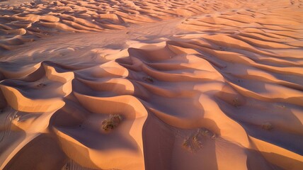 Aerial view of sweeping golden sand dunes at sunset, showing intricate patterns and shadows created by the wind in a vast desert landscape