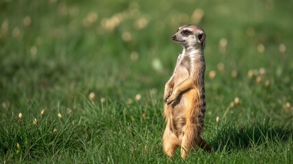 A solitary meerkat stands alert on its hind legs in a grassy field, looking intently towards the right side of the frame with soft focus background