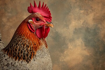 Close-up of a chicken exhibiting its vibrant red comb and wattle against a neutral backdrop in soft lighting.