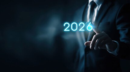 Businessman Touching Futuristic Screen Displaying 2026, Innovation and Future Vision Concept