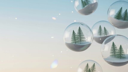 Floating snow globes with evergreen trees inside, set against a soft blue and orange gradient sky with falling snow particles, creating a magical winter scene