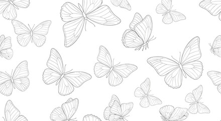 Seamless background pattern with numerous flying butterflies, beautifully hand-drawn in a delicate black and white line art or sketch style.