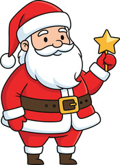 Cartoon Santa Claus holding star with cheerful expression for Christmas, holiday celebration, and festive-themed illustration design.