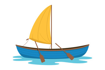 Illustration of a blue sailboat with a yellow sail and two oars on the water