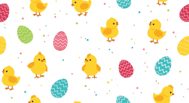 Seamless Easter holiday pattern with adorable yellow chicks, colorful decorated eggs, and confetti on a white background.